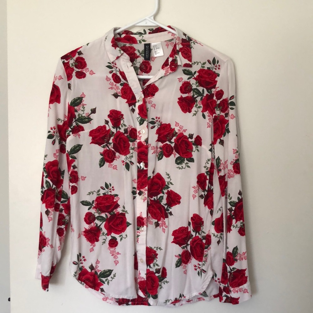 H&M Red Rose Button Down Blouse